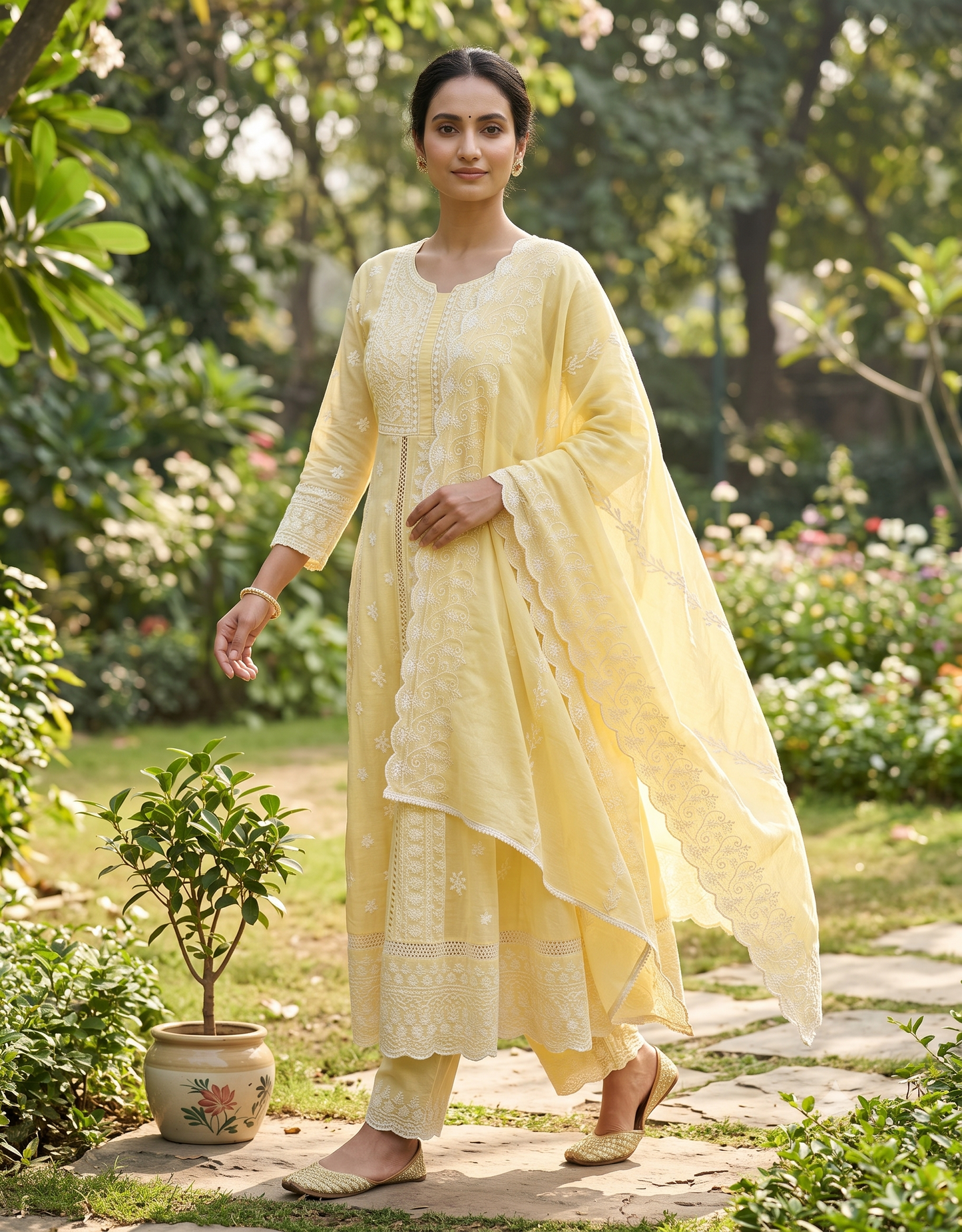 Yellow Mysha Mul Cotton Chikankari Anarkli Suit Set