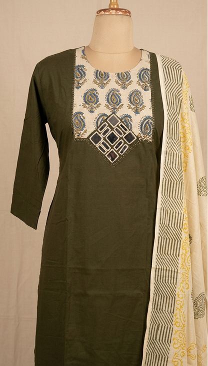 Olive Green Anaya Suit Set- With Dupatta