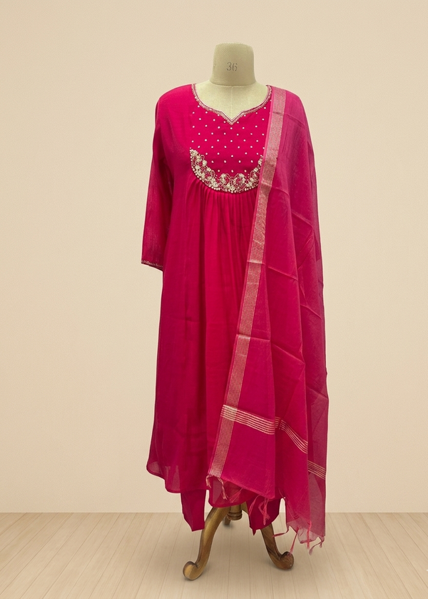 Pink Tanvi Mulchanderi Silk A-LINE suit set-3