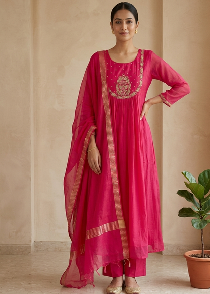 Pink Tanvi Mulchanderi Silk A-LINE suit set-3