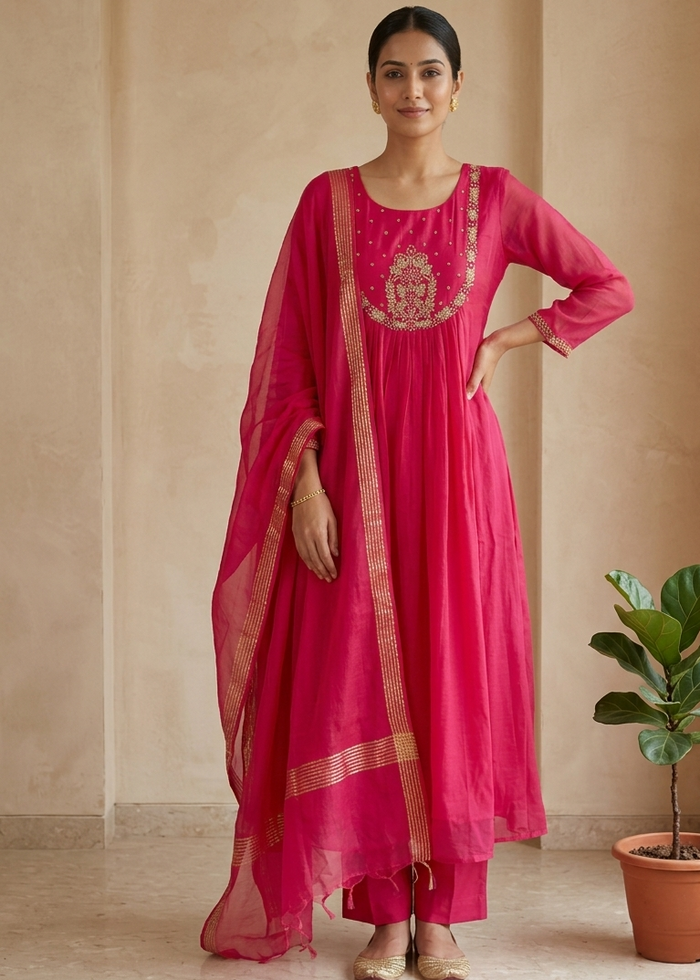 Pink Tanvi Mulchanderi Silk A-LINE suit set-3