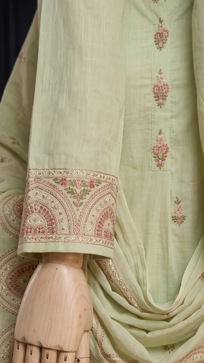 Pista Green Mul cotton printed Suit Set With Dupatta -set of 3