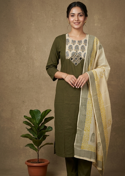 Olive Green Anaya Suit Set- With Dupatta