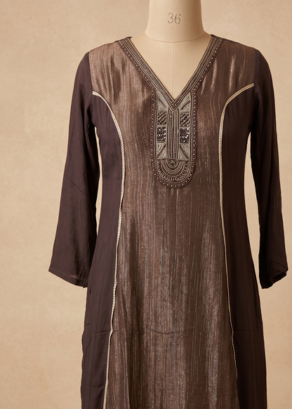 Brown Mahima Chinon Silk Anarkali Suit Set- Set of 3