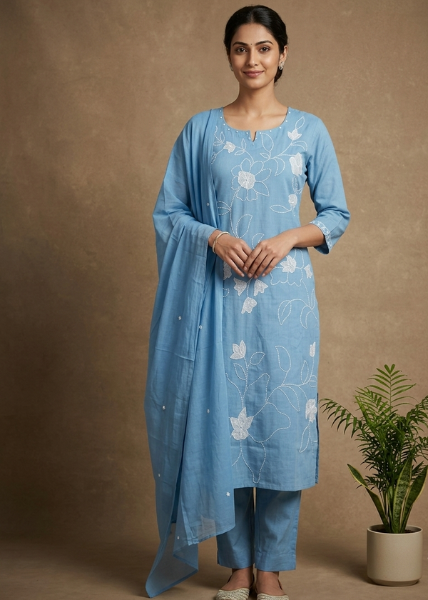Sky Blue Slub Cotton Suit Set With Dupatta -Set of 3