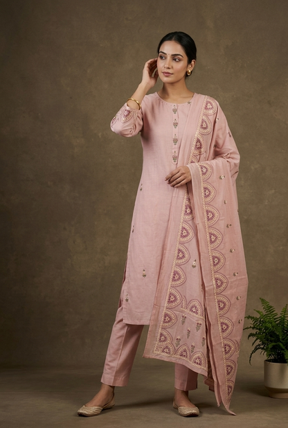 Blush Pink Kirya Mul Cotton Suit Set With Dupatta