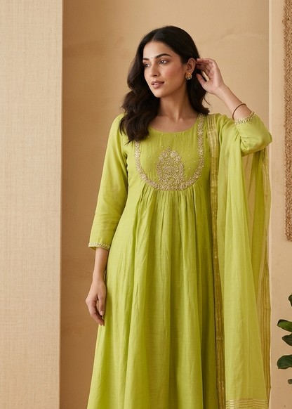 Green Tanvi Mulchanderi Silk A-LINE suit set-3