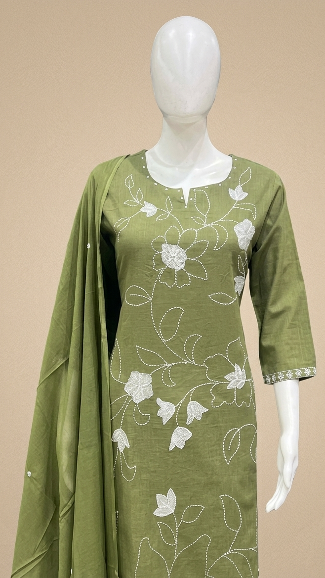 Green Slub Cotton Suit  Set With Dupatta- set of 3
