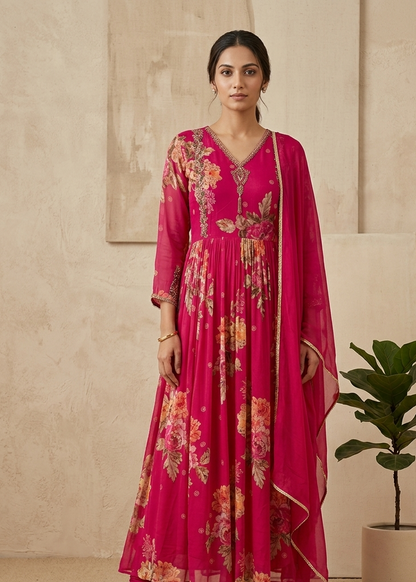 Pink Visra Floral Chinon Silk Gown With Dupatta