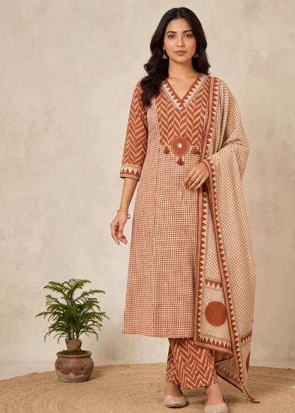 Rust A-Line Suit Set With Dupatta - set of 3