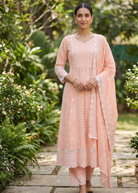 Peach Mysha Mul Cotton Chikankari Anarkali Suit Set