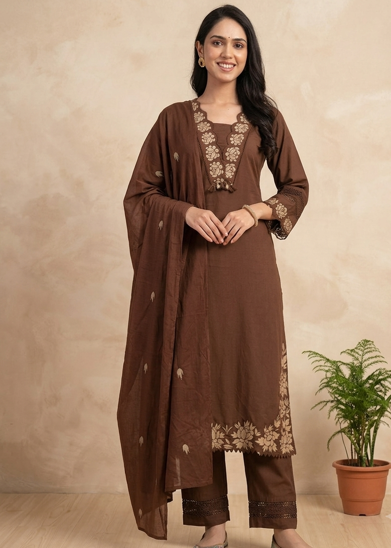 Brown Chanda Cotton Suit Set- set of 3