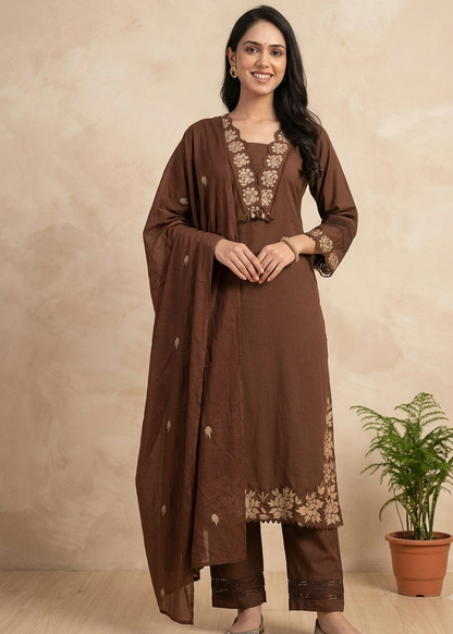 Brown Chanda Cotton Suit Set- set of 3