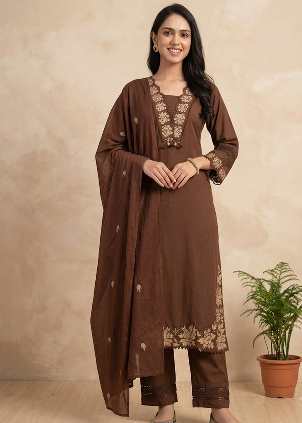 Brown Chanda Cotton Suit Set- set of 3