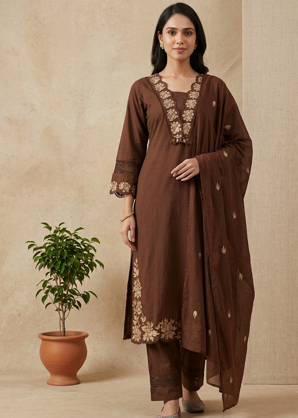 Brown Chanda Cotton Suit Set- set of 3