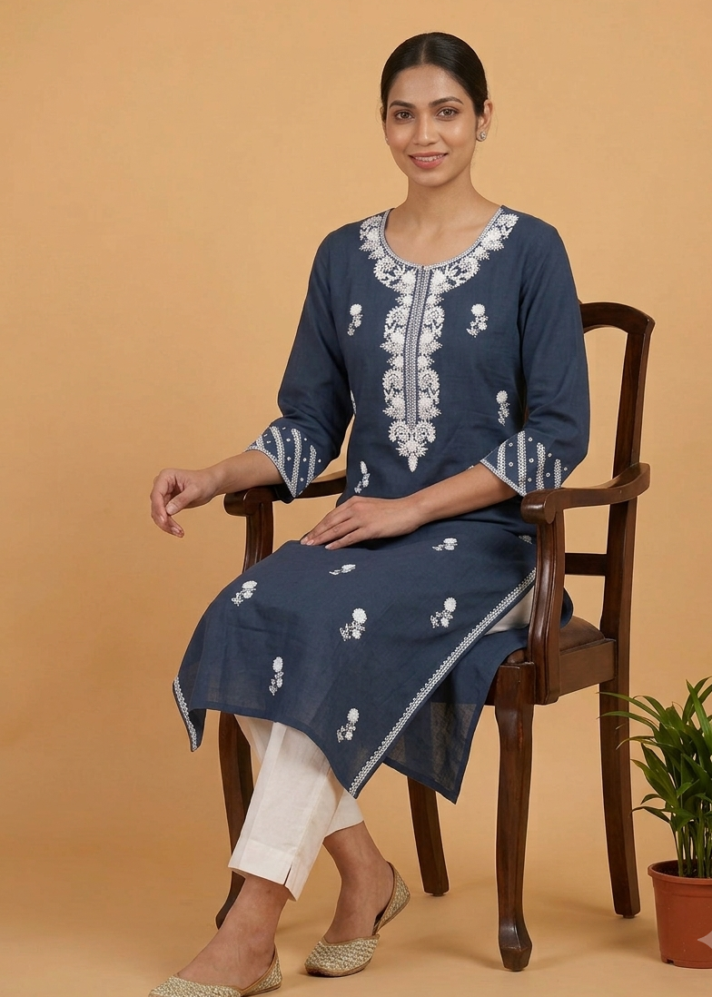 Blue Embroidery Cotton Kurta