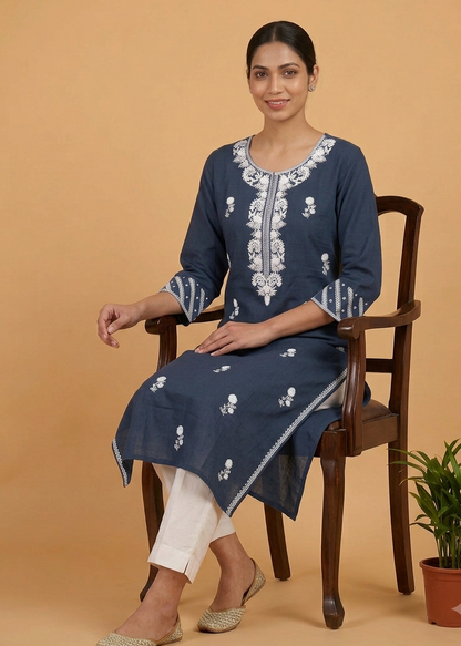 Blue Embroidery Cotton Kurta