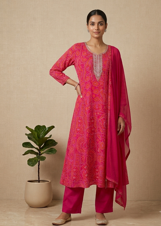Pink Nithya Bandani Print Partywear Suit Set With Dupatta