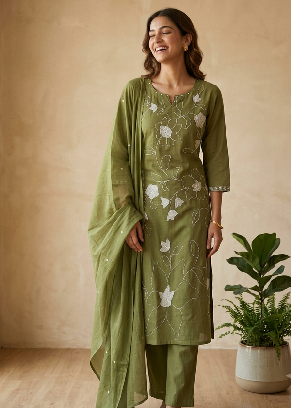 Green Slub Cotton Suit  Set With Dupatta- set of 3