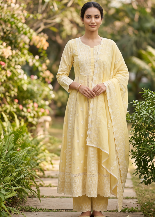 Yellow Mysha Mul Cotton Chikankari Anarkli Suit Set