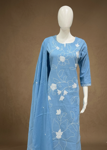 Sky Blue Slub Cotton Suit Set With Dupatta -Set of 3