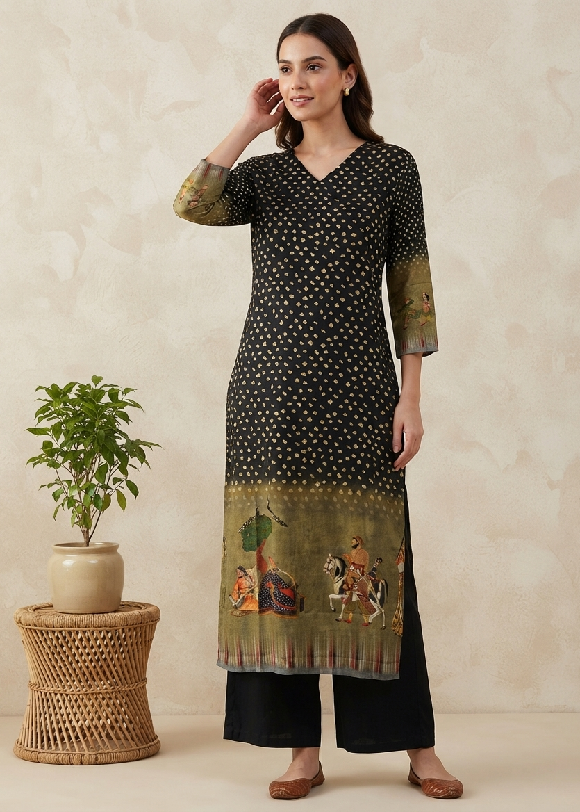 Black Brunda Soft Muslin Pichwai Prints Kurta Bottom