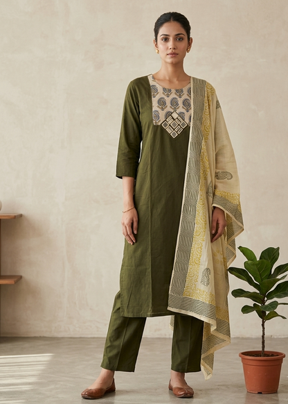 Olive Green Anaya Suit Set- With Dupatta