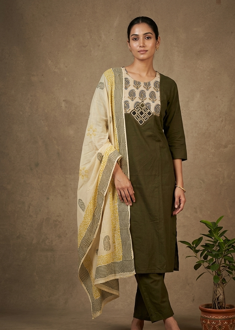 Olive Green Anaya Suit Set- With Dupatta
