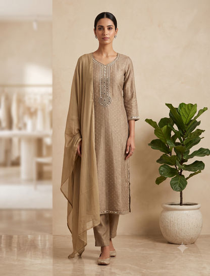 Gold Mehak Brocade Tissue Phiran suit set - set of 4