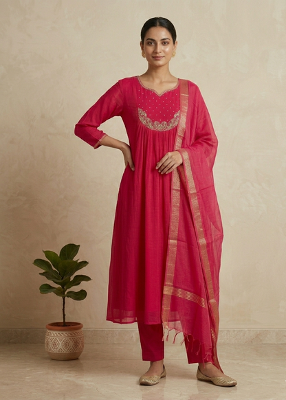 Pink Tanvi Mulchanderi Silk A-LINE suit set-3