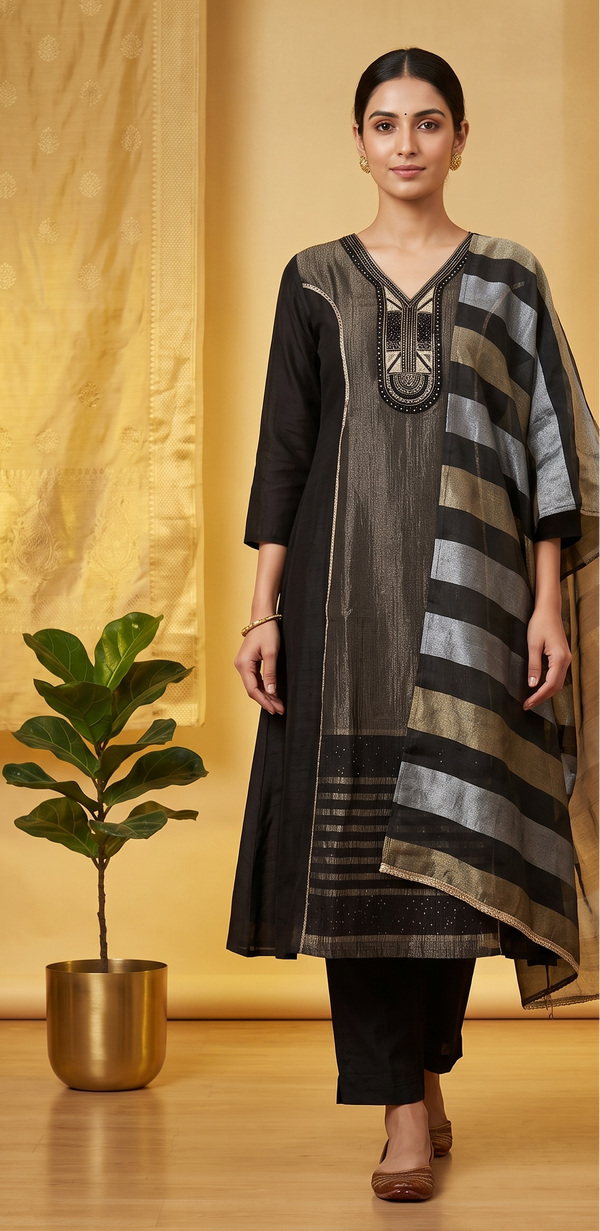 Black Mahima Chinon Silk Anarkali Suit Set- Set of 3