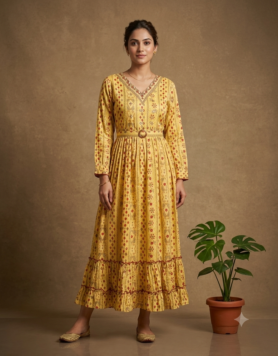 Yellow Sunray Cotton Dress with Belt