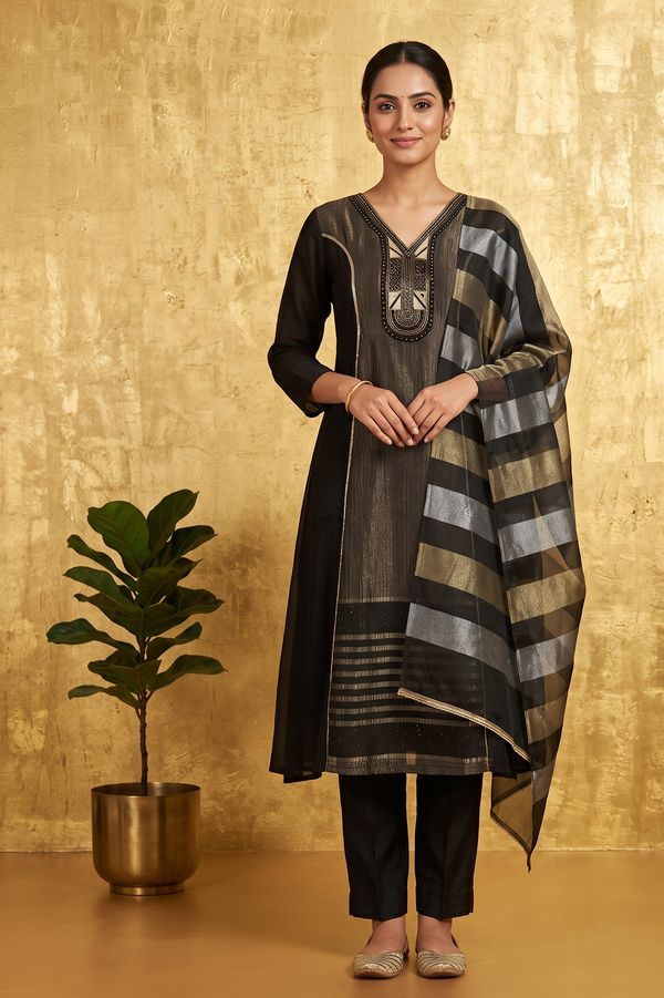 Black Mahima Chinon Silk Anarkali Suit Set- Set of 3