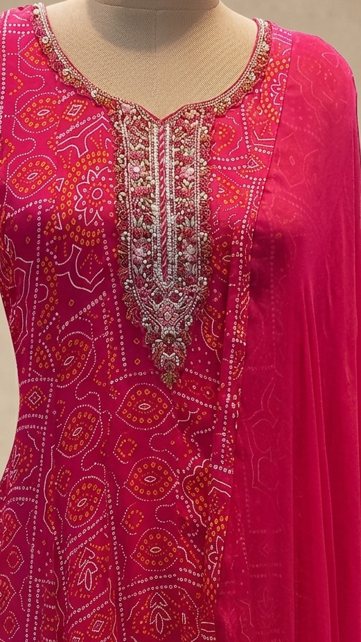 Pink Nithya Bandani Print Partywear Suit Set With Dupatta