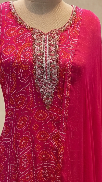 Pink Nithya Bandani Print Partywear Suit Set With Dupatta