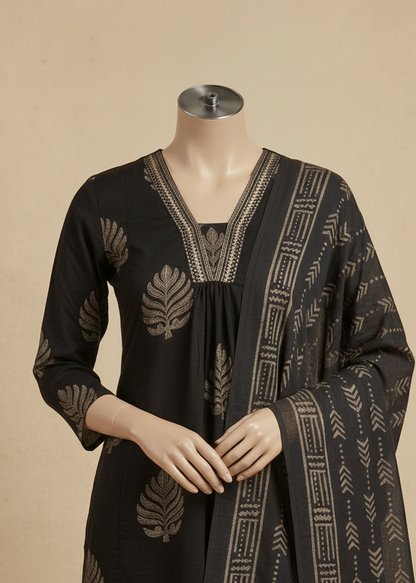 Black Neelam A line  Block print Cotton Suit Set