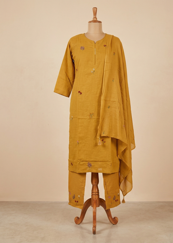 Mustard Kesar Slub Cotton Suit set