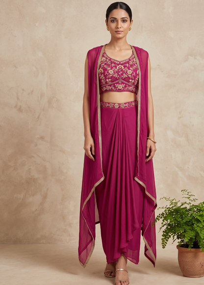 Magenta Indo western Skirt Crop-Top And Jacket