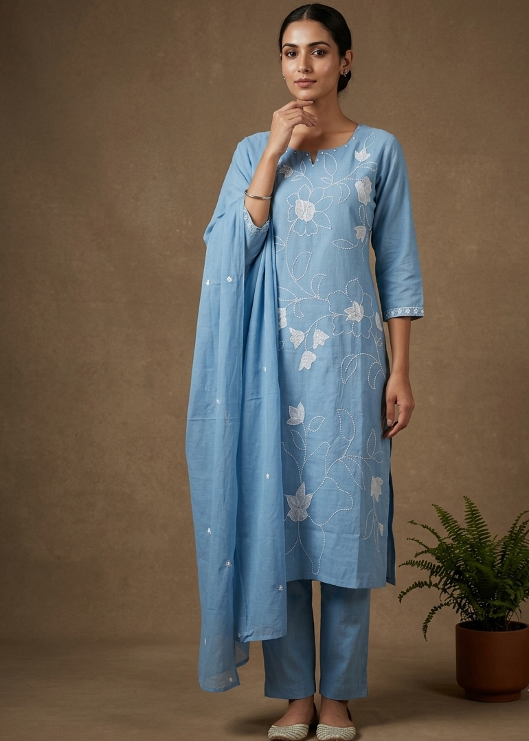 Sky Blue Slub Cotton Suit Set With Dupatta -Set of 3