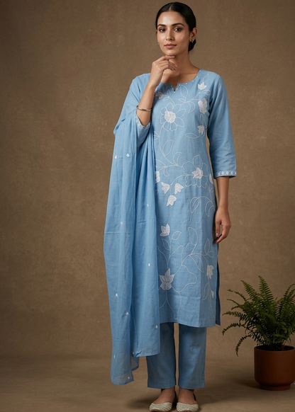 Sky Blue Slub Cotton Suit Set With Dupatta -Set of 3