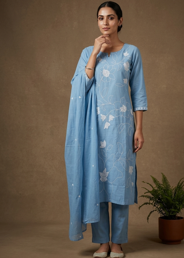 Sky Blue Slub Cotton Suit Set With Dupatta -Set of 3