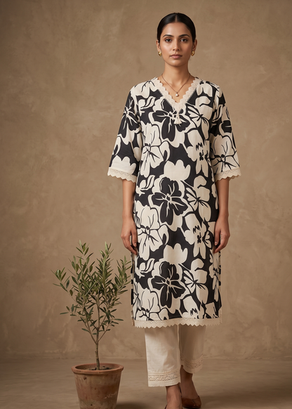 Black  and white Flroral Flex cotton Printed kurta