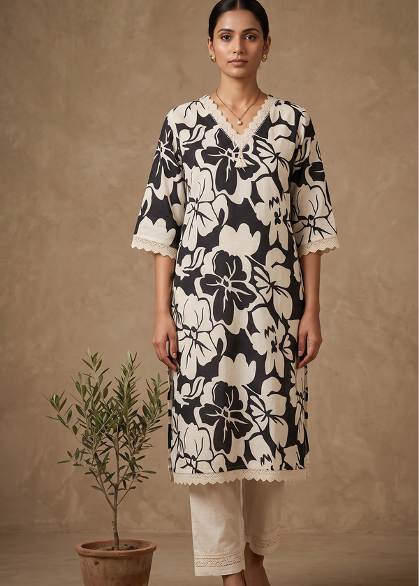 Black  and white Flroral Flex cotton Printed kurta