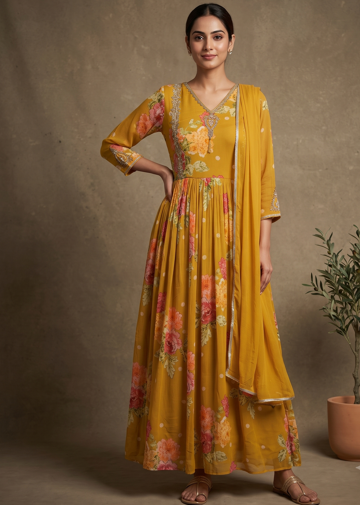 Yellow Visra Floral Chinon Silk Gown With Dupatta