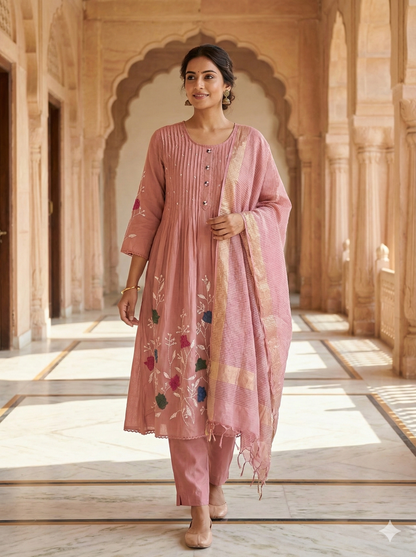 Dusty pink Saras Mulchanderi A line Suit set - Set of 3