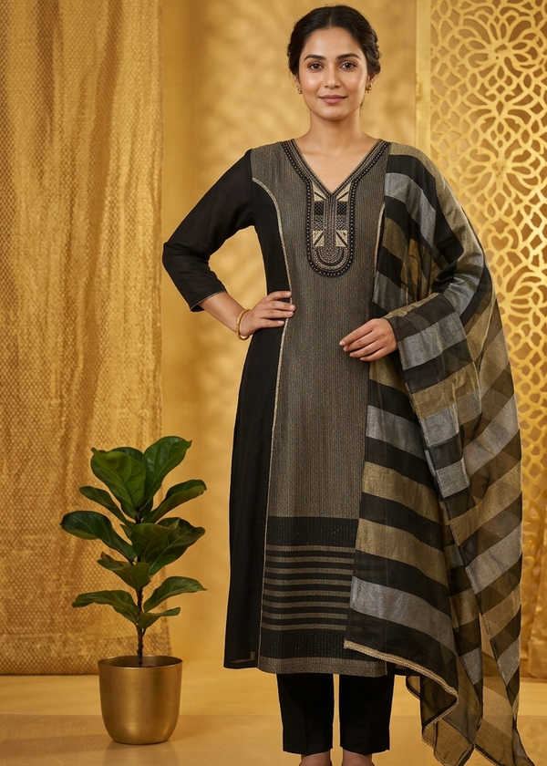 Black Mahima Chinon Silk Anarkali Suit Set- Set of 3