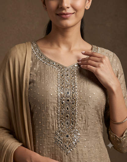 Gold Mehak Brocade Tissue Phiran suit set - set of 4