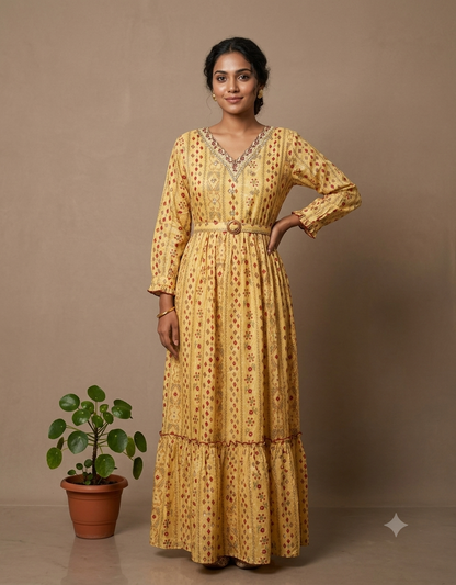 Yellow Sunray Cotton Dress with Belt