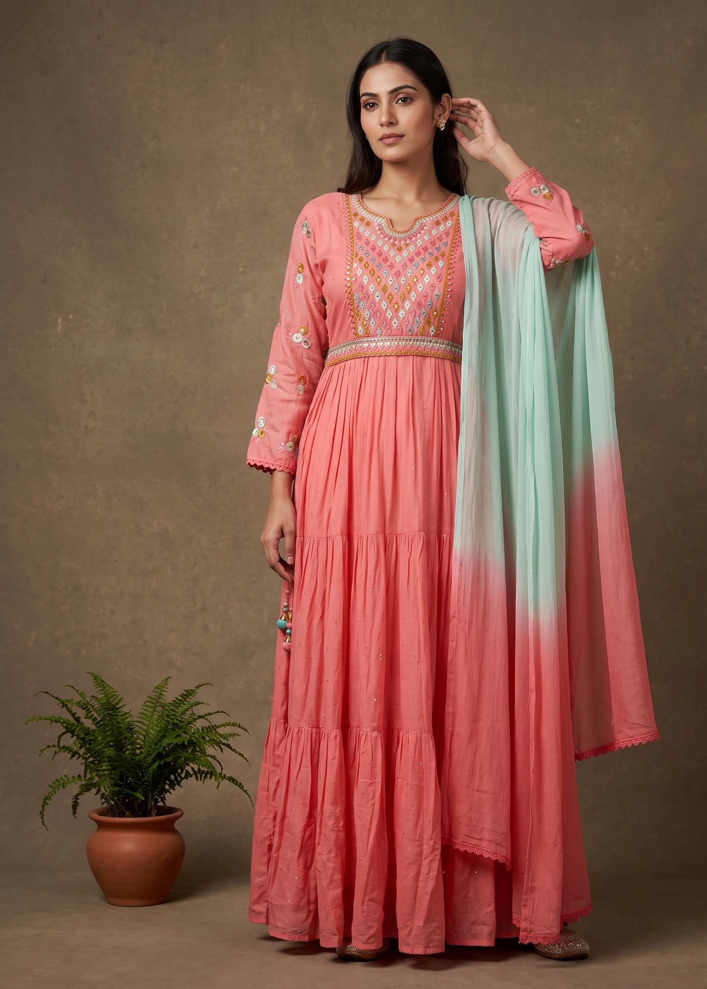 Peachish Pink Mulcotton Nyra Cut Suit set - set of 3