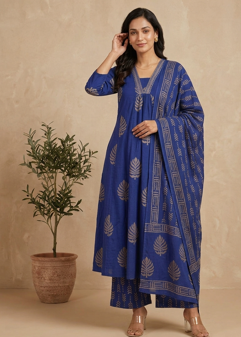 Blue Neelam A-Line Block print Cotton Suit set